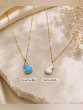 Double-Sided Dainty Gold lucky Gourd Necklace | Mother of Pearl & Blue Enamel